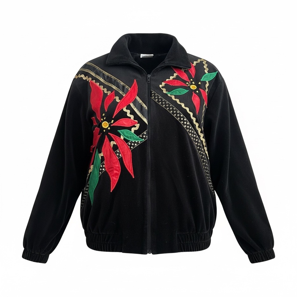 Vintage‎ The Frog Pond Velour Track Jacket Appliqué Foil Women Large Made in USA